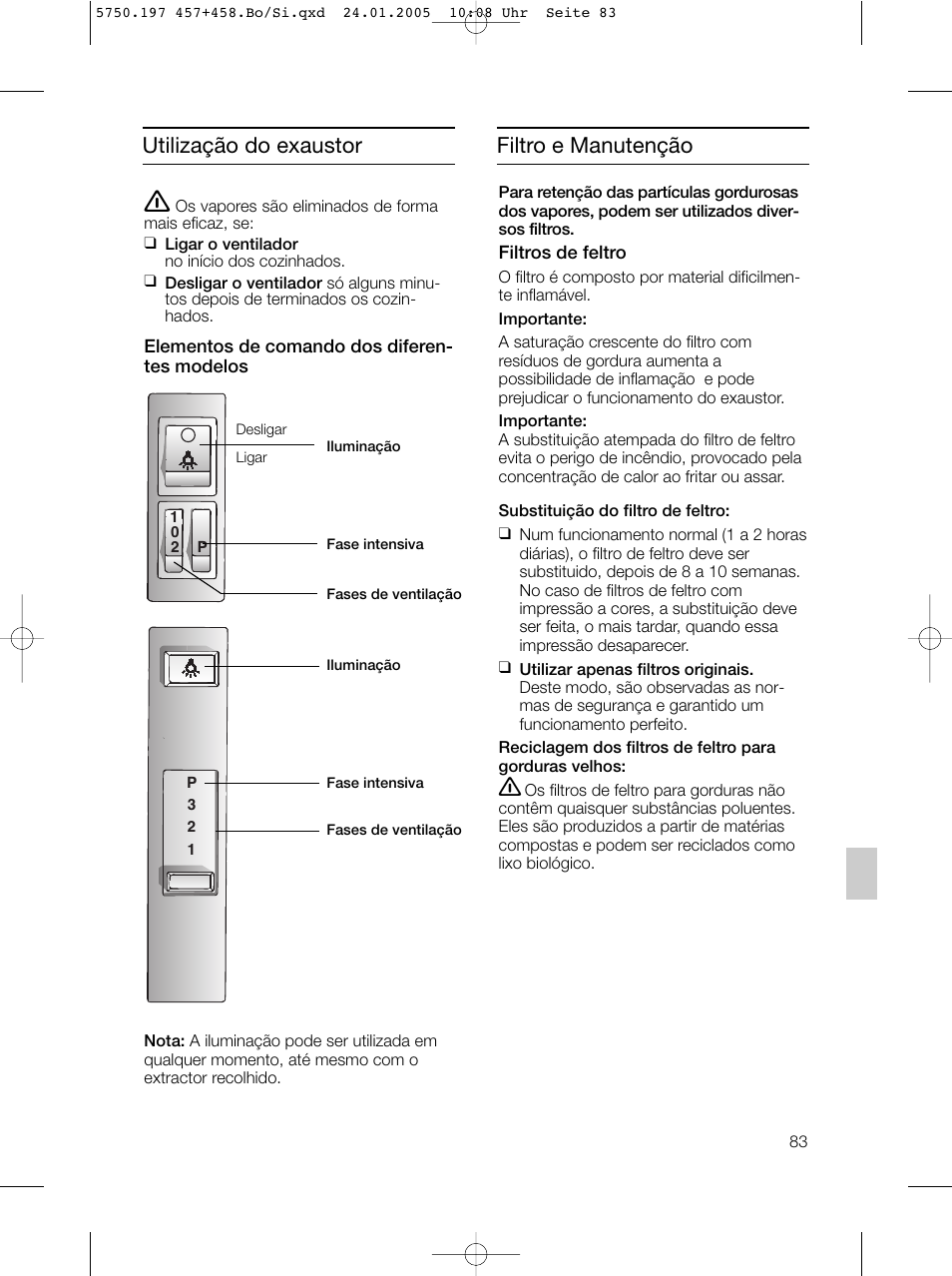 Utilização do exaustor filtro e manutenção | Bosch DHL575B grau-metallic Lüfterbaustein 50 cm User Manual | Page 83 / 100