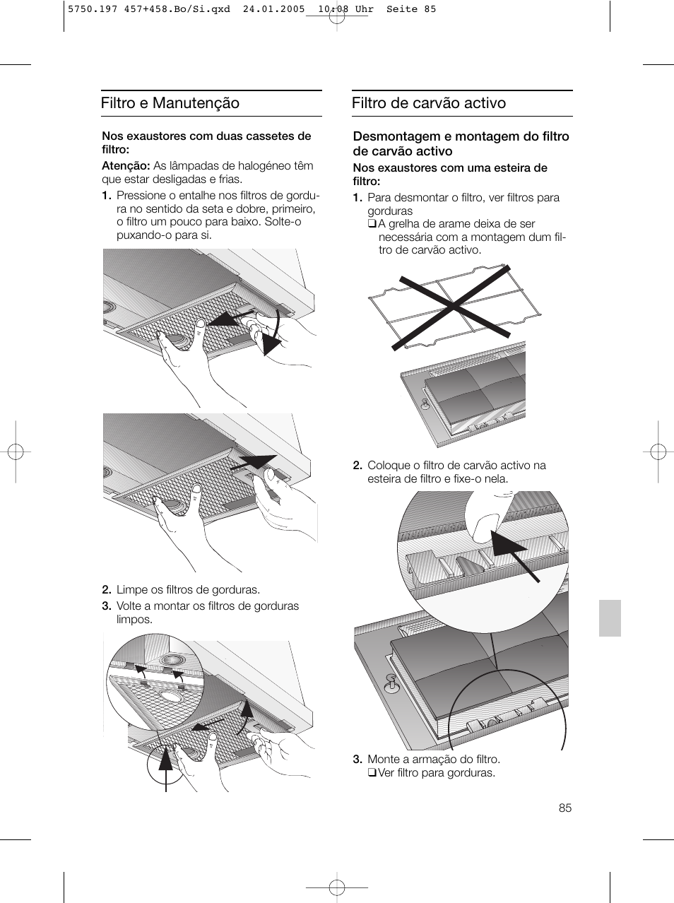 Filtro e manutenção, Filtro de carvão activo | Bosch DHL575B grau-metallic Lüfterbaustein 50 cm User Manual | Page 85 / 100