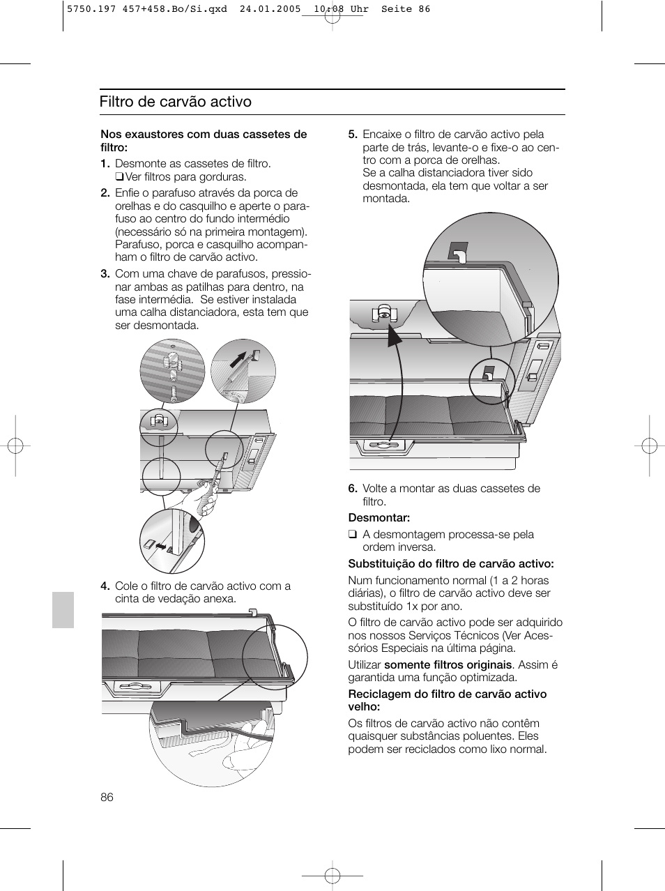 Filtro de carvão activo | Bosch DHL575B grau-metallic Lüfterbaustein 50 cm User Manual | Page 86 / 100