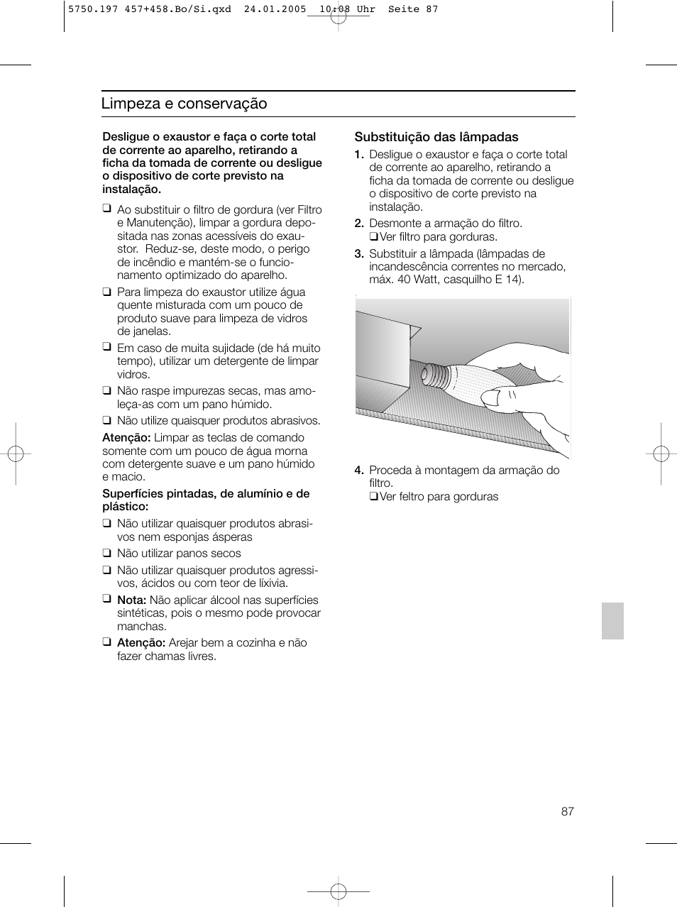 Limpeza e conservação | Bosch DHL575B grau-metallic Lüfterbaustein 50 cm User Manual | Page 87 / 100