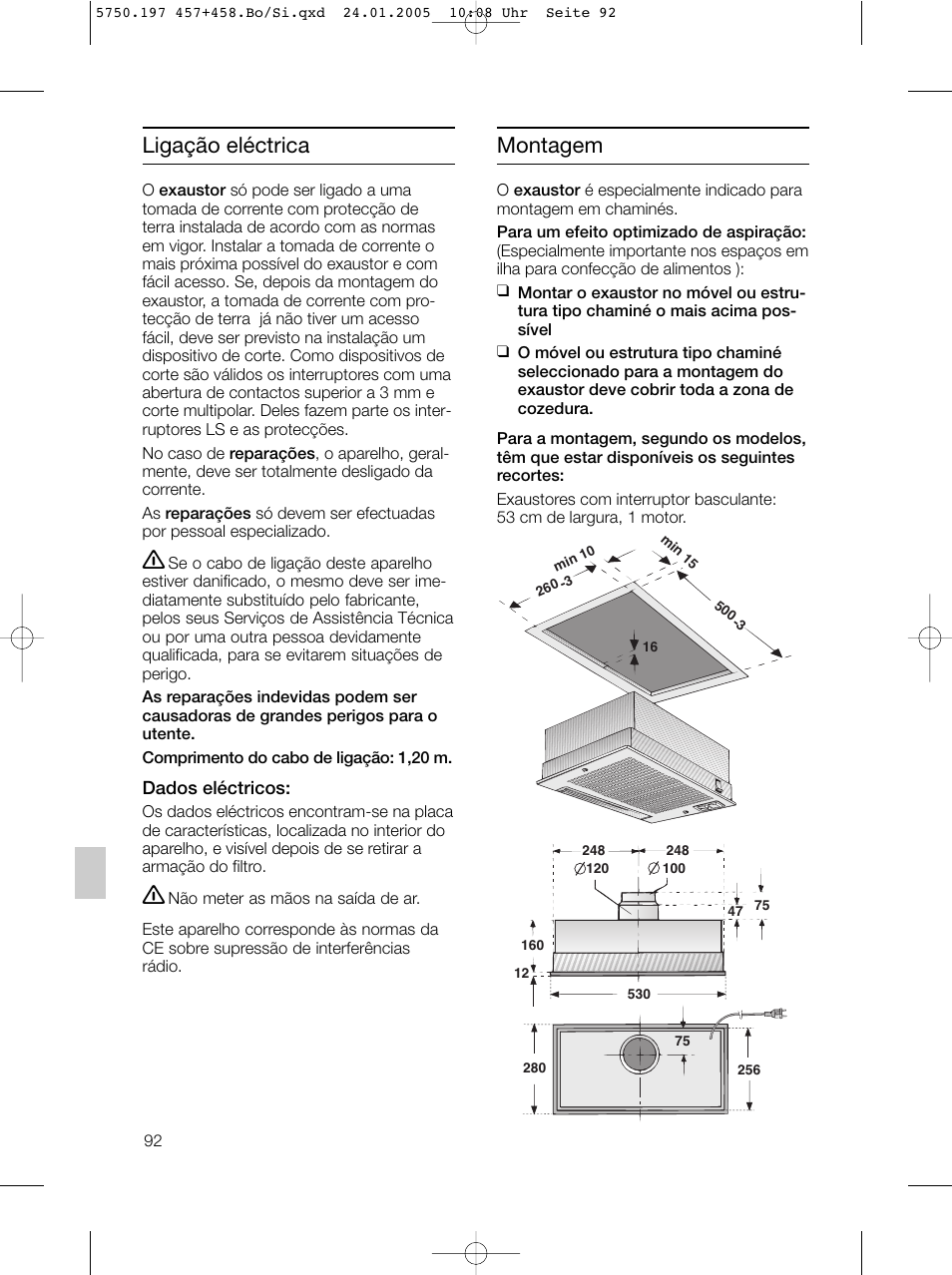 Ligação eléctrica, Montagem | Bosch DHL575B grau-metallic Lüfterbaustein 50 cm User Manual | Page 92 / 100