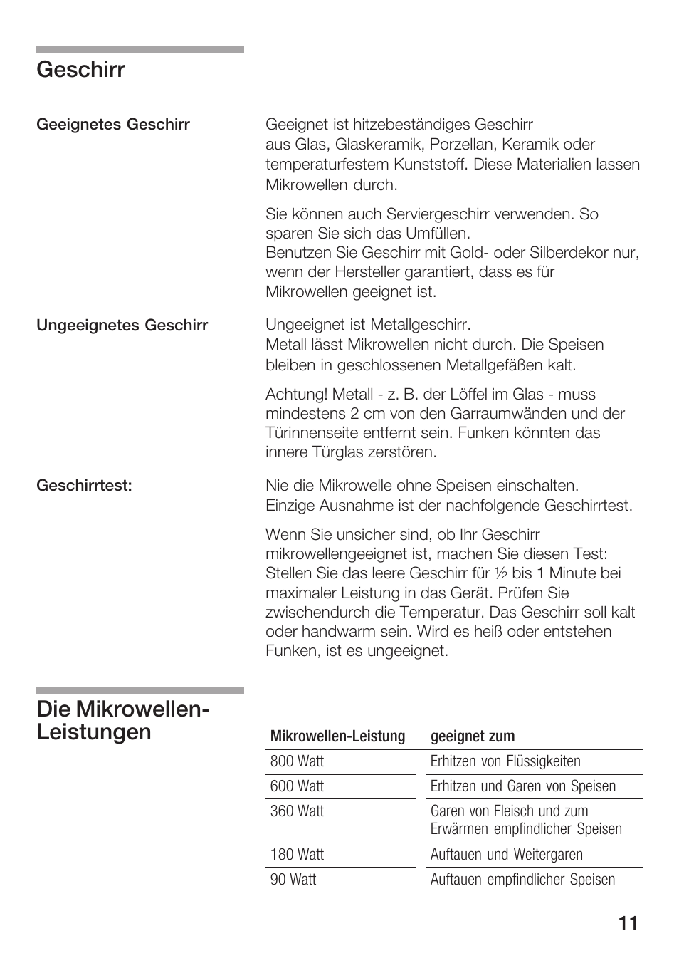 Geschirr, Die mikrowellenć leistungen | Bosch HMT72M420 - weiß Mikrowellengerät User Manual | Page 11 / 120