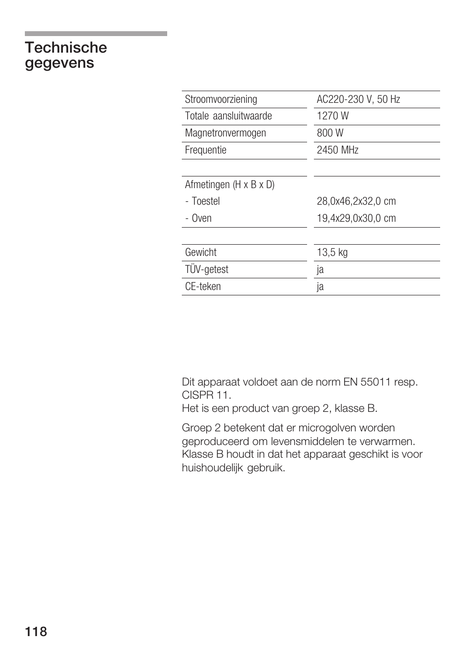 Technische gegevens | Bosch HMT72M420 - weiß Mikrowellengerät User Manual | Page 118 / 120