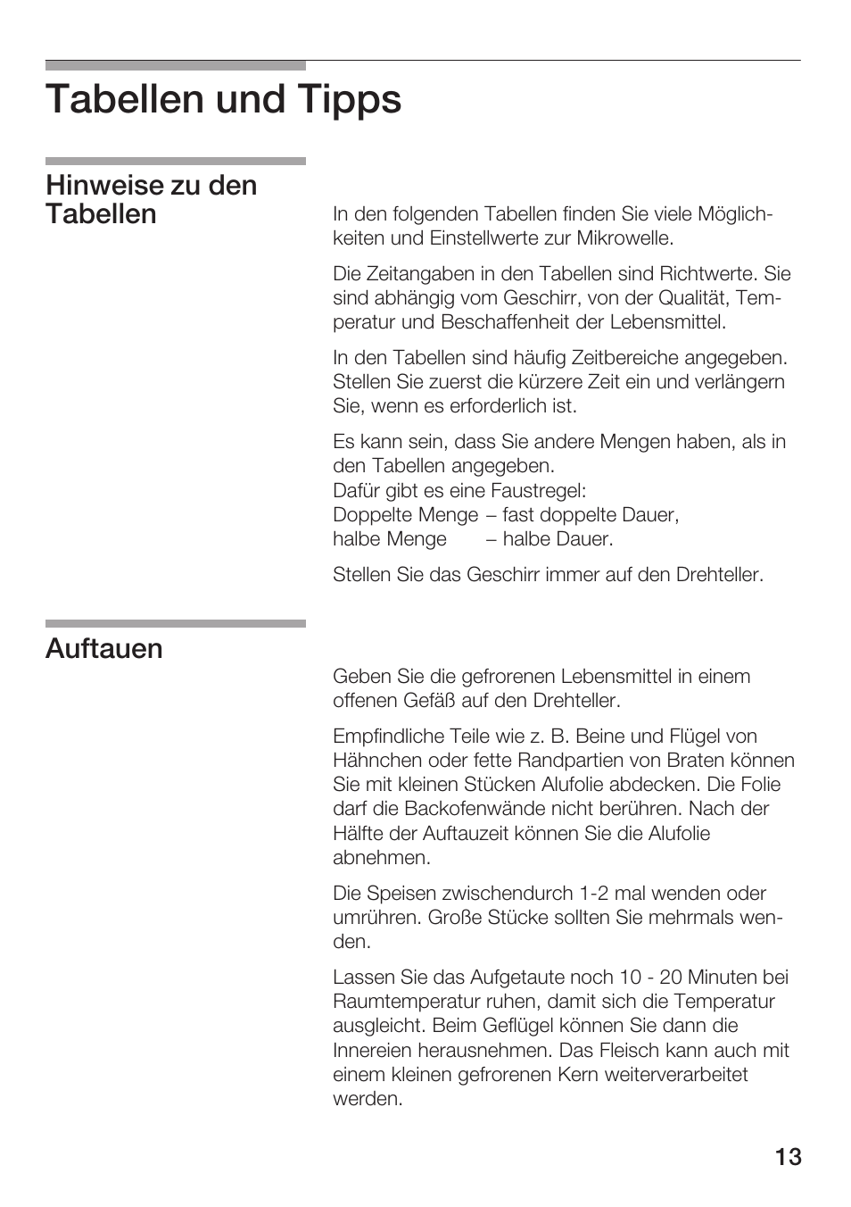 Tabellen und tipps, Hinweise zu den tabellen auftauen | Bosch HMT72M420 - weiß Mikrowellengerät User Manual | Page 13 / 120