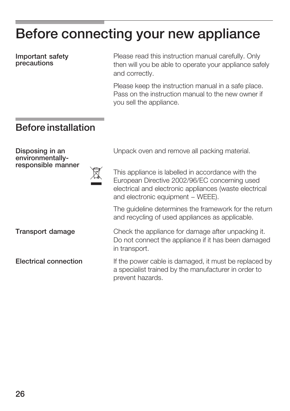 Before connecting your new appliance, Before installation | Bosch HMT72M420 - weiß Mikrowellengerät User Manual | Page 26 / 120