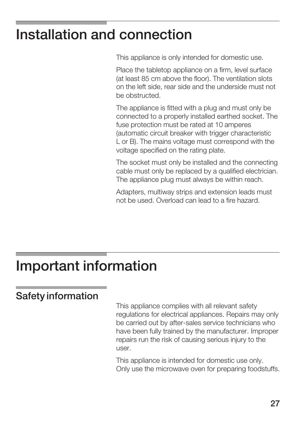 Installation and connection, Important information, Safety information | Bosch HMT72M420 - weiß Mikrowellengerät User Manual | Page 27 / 120