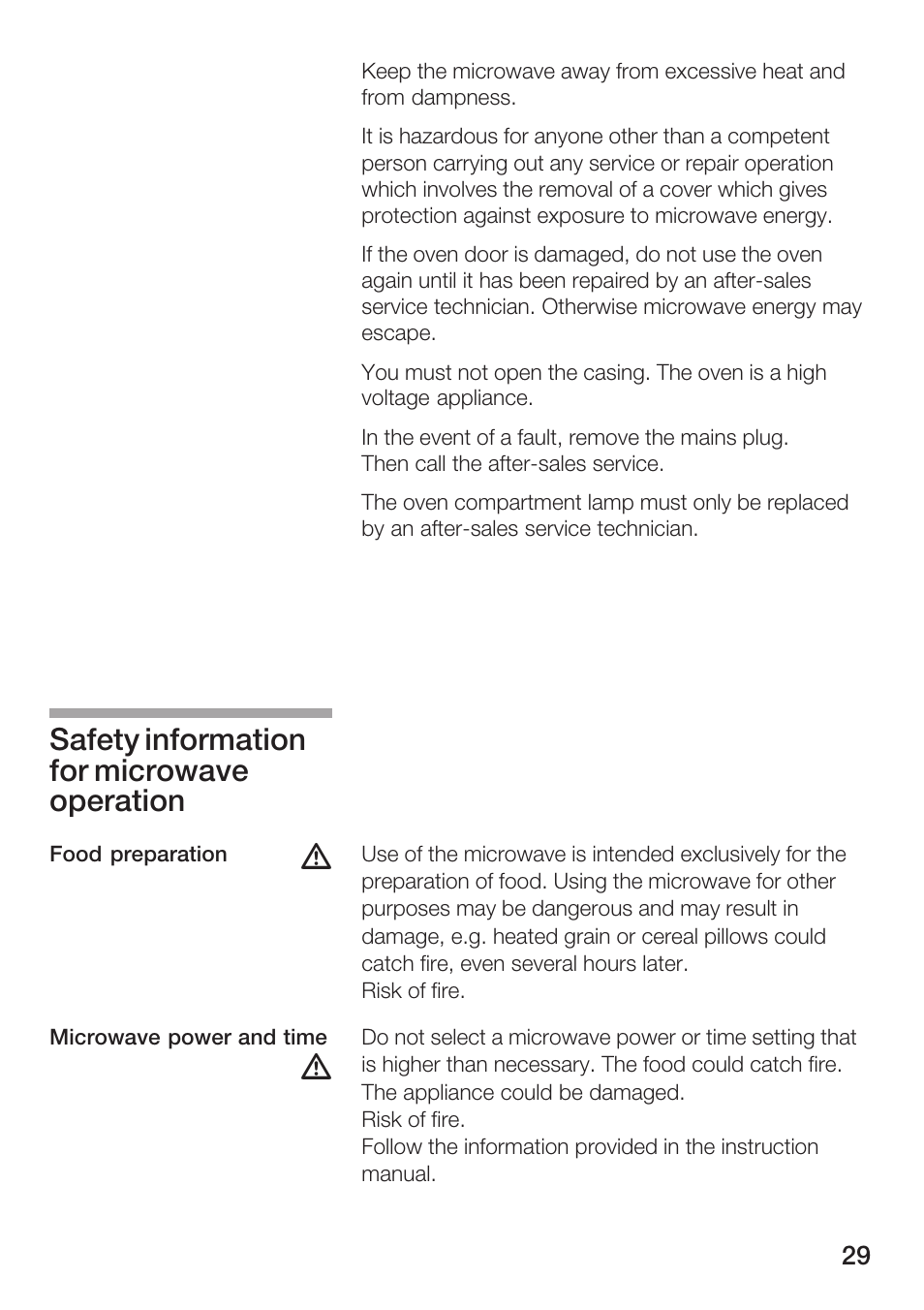 Safety information for microwave operation | Bosch HMT72M420 - weiß Mikrowellengerät User Manual | Page 29 / 120