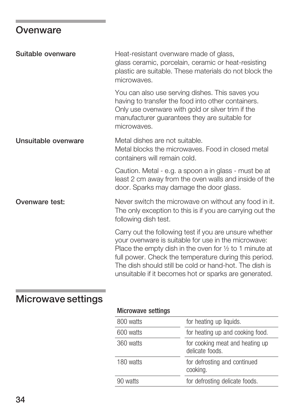 Ovenware, Microwave settings | Bosch HMT72M420 - weiß Mikrowellengerät User Manual | Page 34 / 120