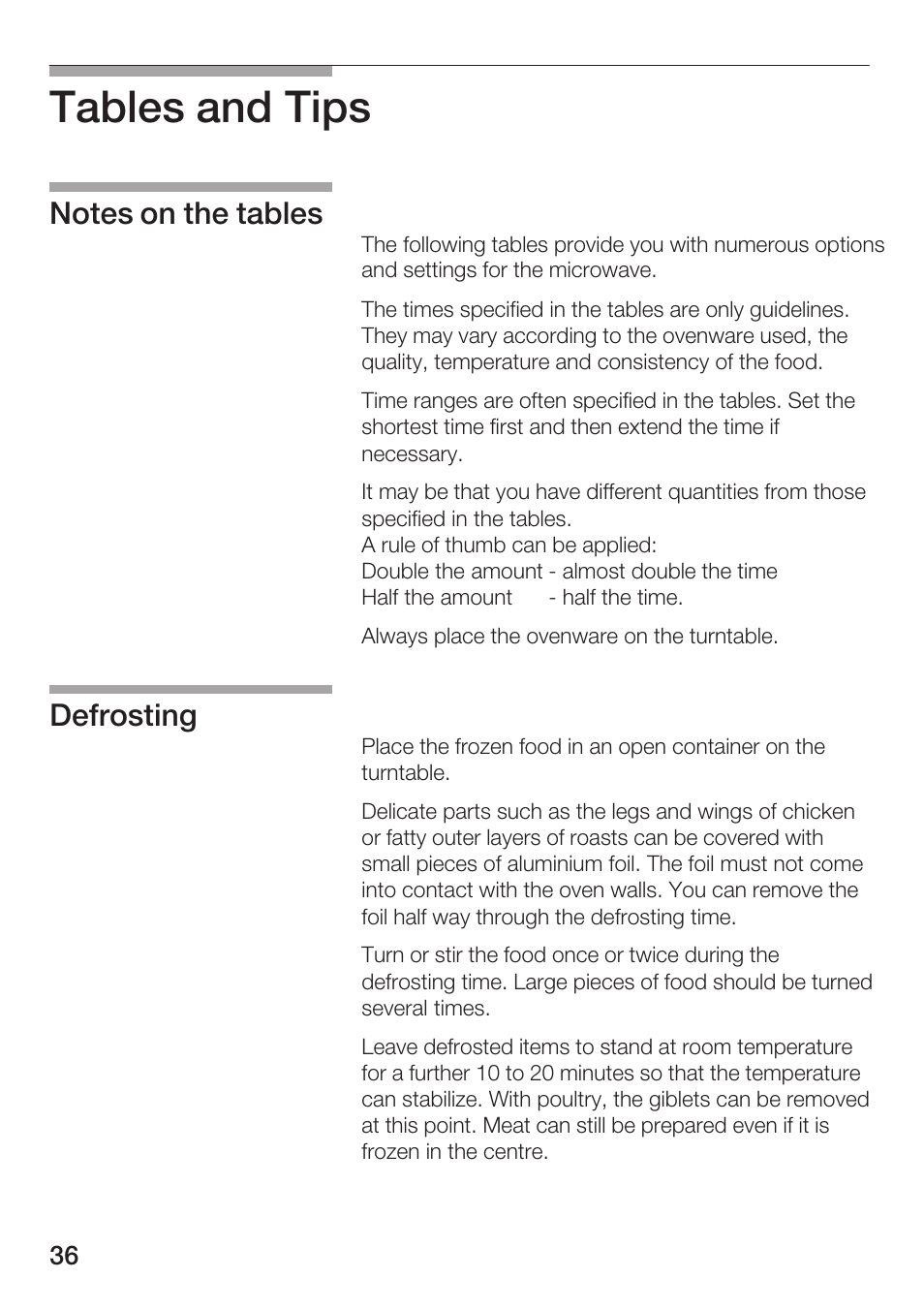 Tables and tips | Bosch HMT72M420 - weiß Mikrowellengerät User Manual | Page 36 / 120