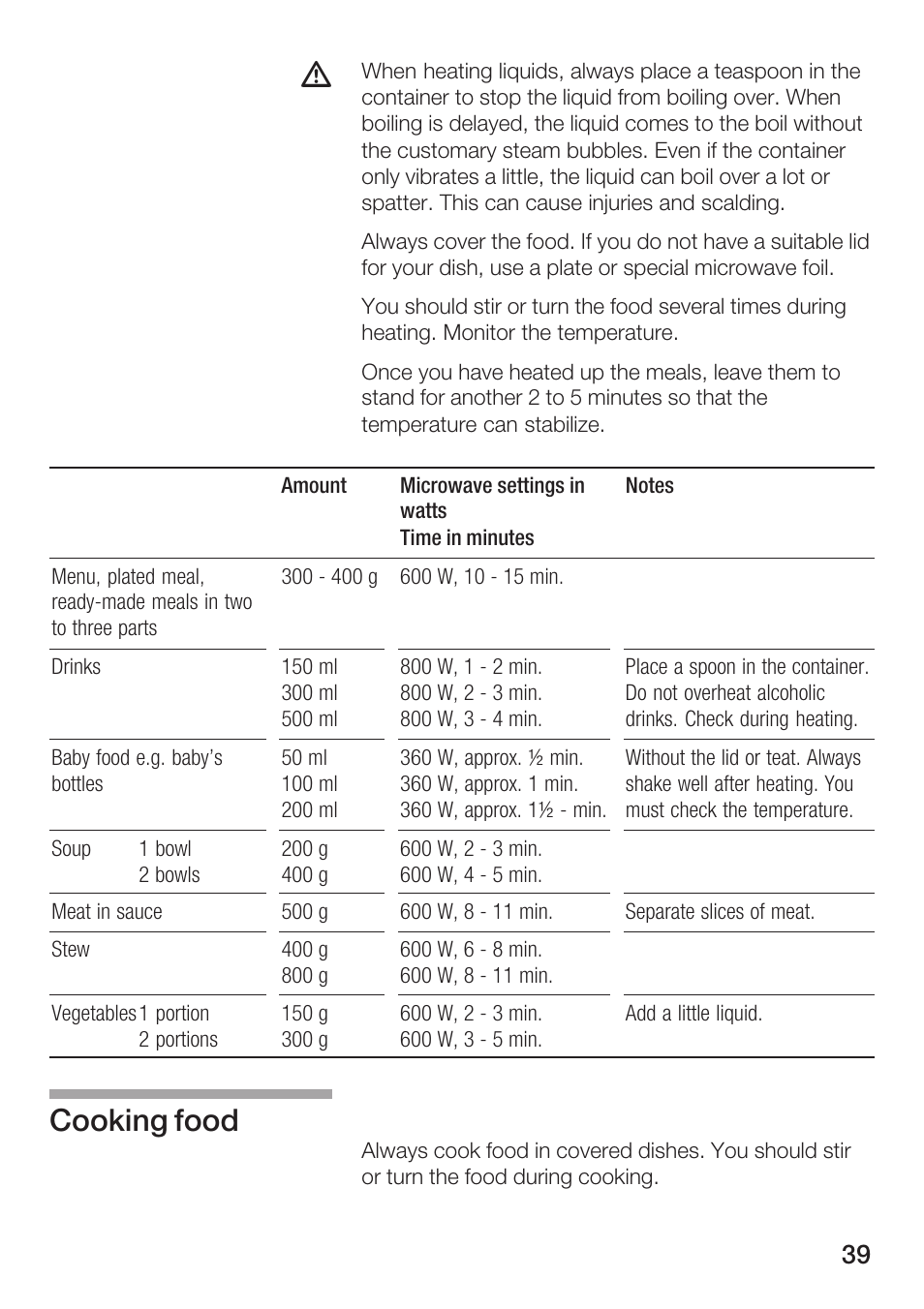 Cooking food | Bosch HMT72M420 - weiß Mikrowellengerät User Manual | Page 39 / 120