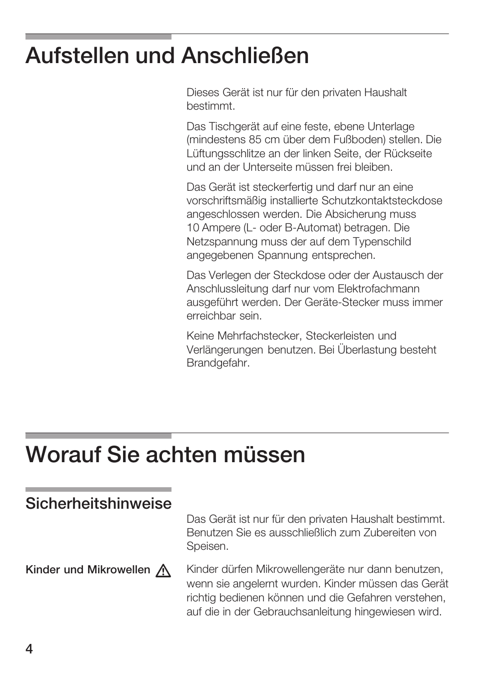 Aufstellen und anschließen, Worauf sie achten müssen, Sicherheitshinweise | Bosch HMT72M420 - weiß Mikrowellengerät User Manual | Page 4 / 120