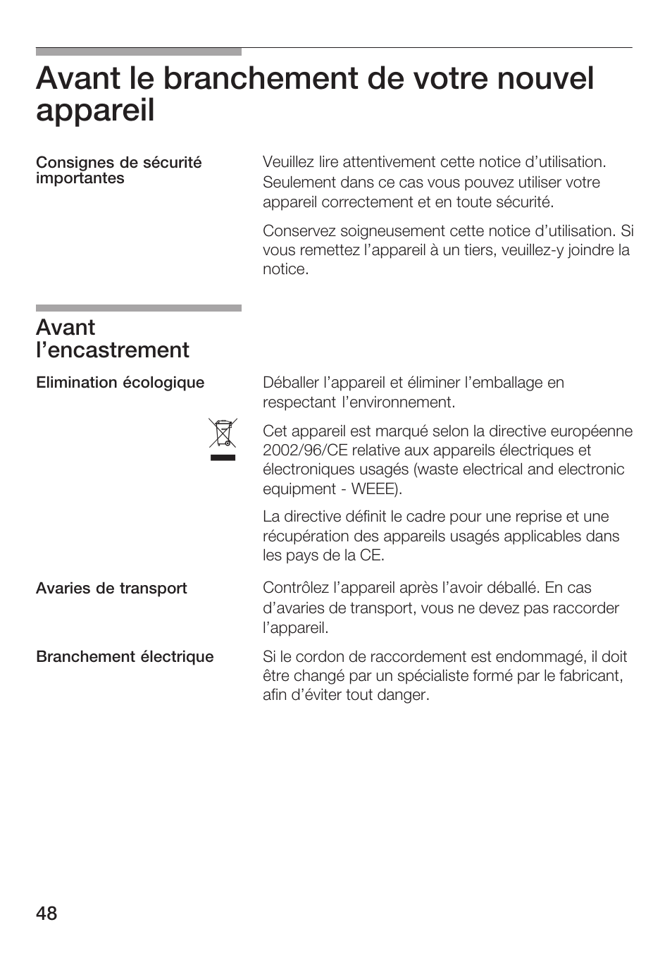 Avant le branchement de votre nouvel appareil, Avant l'encastrement | Bosch HMT72M420 - weiß Mikrowellengerät User Manual | Page 48 / 120