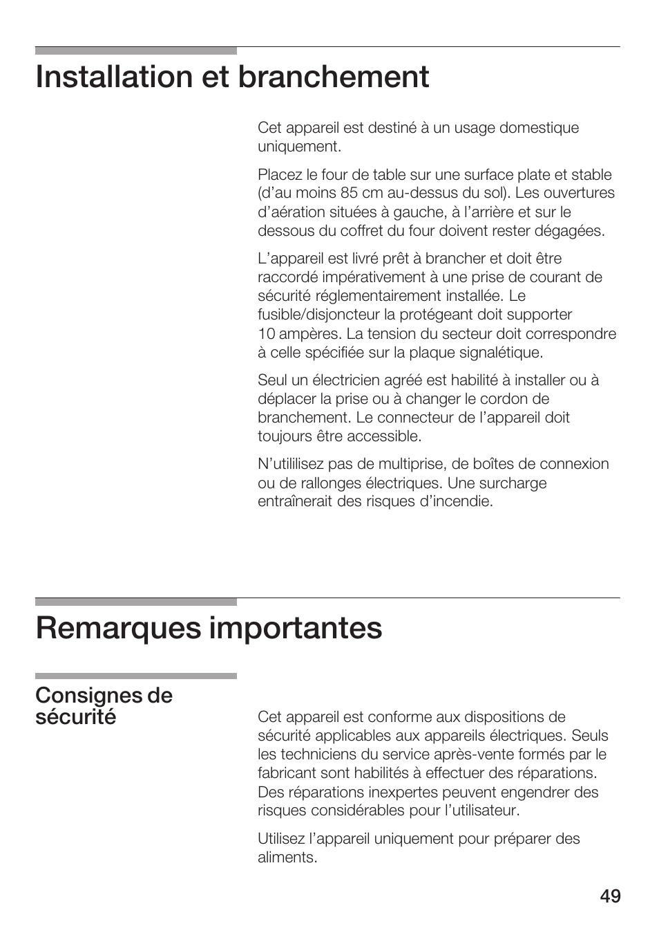 Installation et branchement, Remarques importantes, Consignes de sécurité | Bosch HMT72M420 - weiß Mikrowellengerät User Manual | Page 49 / 120