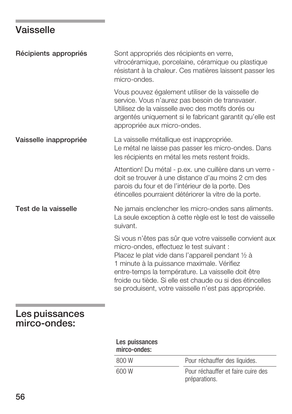 Vaisselle, Les puissances mircoćondes | Bosch HMT72M420 - weiß Mikrowellengerät User Manual | Page 56 / 120