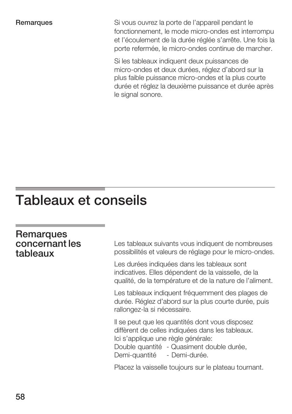 Tableaux et conseils, Remarques concernant les tableaux | Bosch HMT72M420 - weiß Mikrowellengerät User Manual | Page 58 / 120