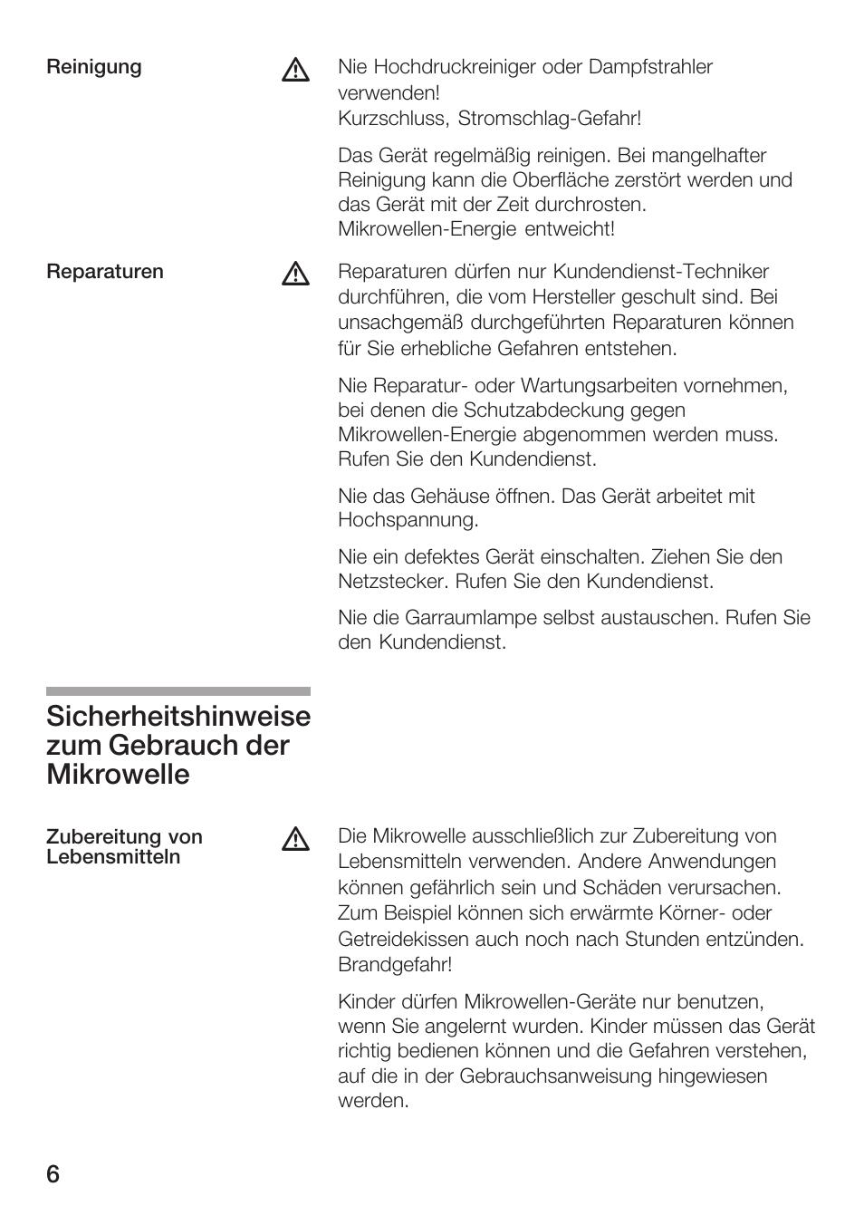 Sicherheitshinweise zum gebrauch der mikrowelle | Bosch HMT72M420 - weiß Mikrowellengerät User Manual | Page 6 / 120