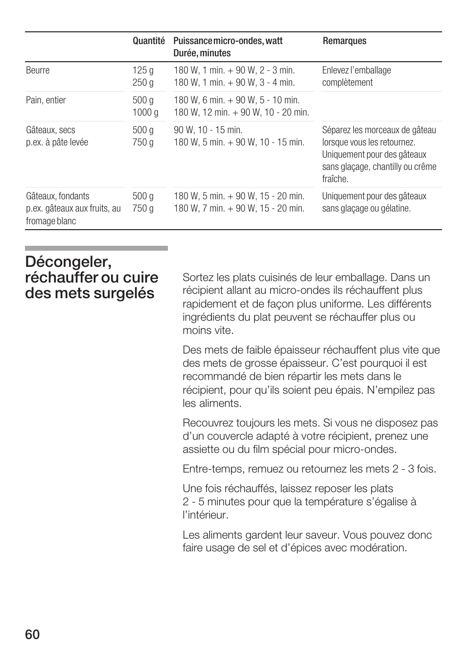 Décongeler, réchauffer ou cuire des mets surgelés | Bosch HMT72M420 - weiß Mikrowellengerät User Manual | Page 60 / 120