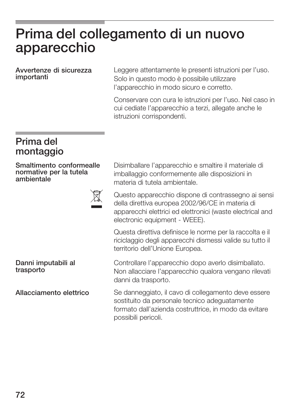 Prima del collegamento di un nuovo apparecchio, Prima del montaggio | Bosch HMT72M420 - weiß Mikrowellengerät User Manual | Page 72 / 120