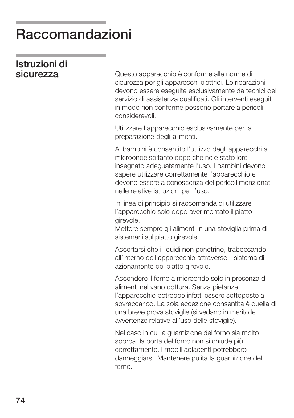 Raccomandazioni, Istruzioni di sicurezza | Bosch HMT72M420 - weiß Mikrowellengerät User Manual | Page 74 / 120