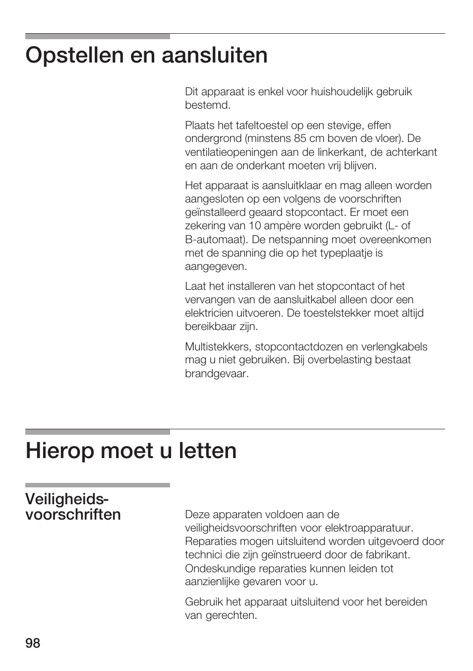 Opstellen en aansluiten, Hierop moet u letten, Veiligheidsć voorschriften | Bosch HMT72M420 - weiß Mikrowellengerät User Manual | Page 98 / 120