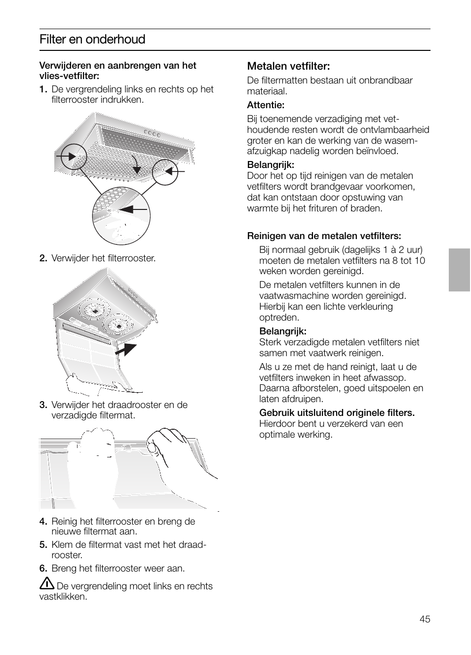 Filter en onderhoud | Bosch DHU632D weiß Unterbauhaube 60 cm User Manual | Page 45 / 108