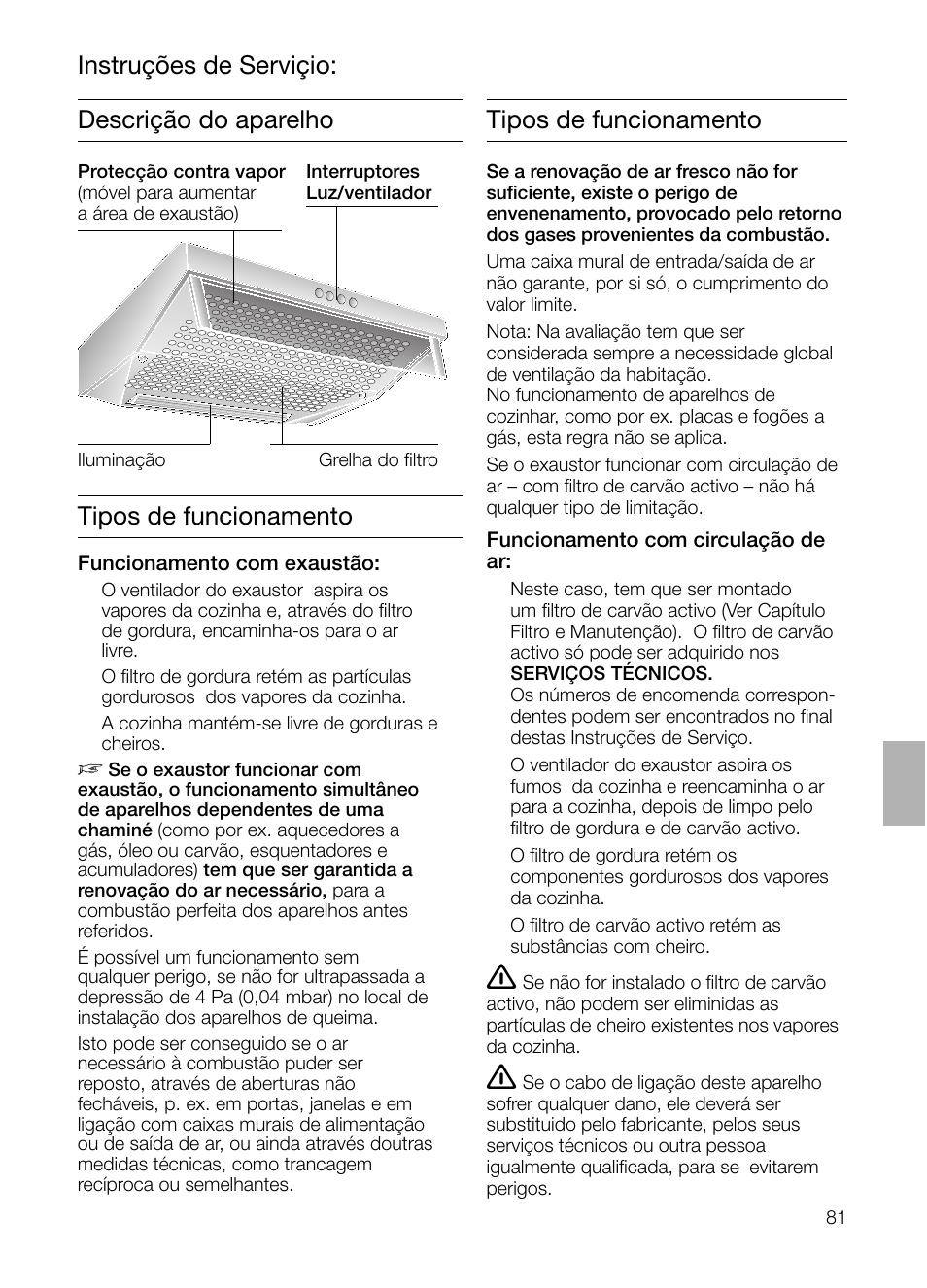 Descrição do aparelho instruções de serviçio, Tipos de funcionamento | Bosch DHU632D weiß Unterbauhaube 60 cm User Manual | Page 81 / 108