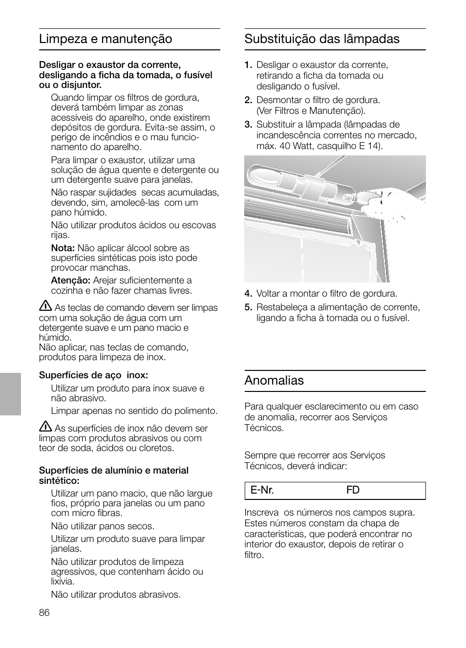 Substituição das lâmpadas, Limpeza e manutenção, Anomalias | Bosch DHU632D weiß Unterbauhaube 60 cm User Manual | Page 86 / 108