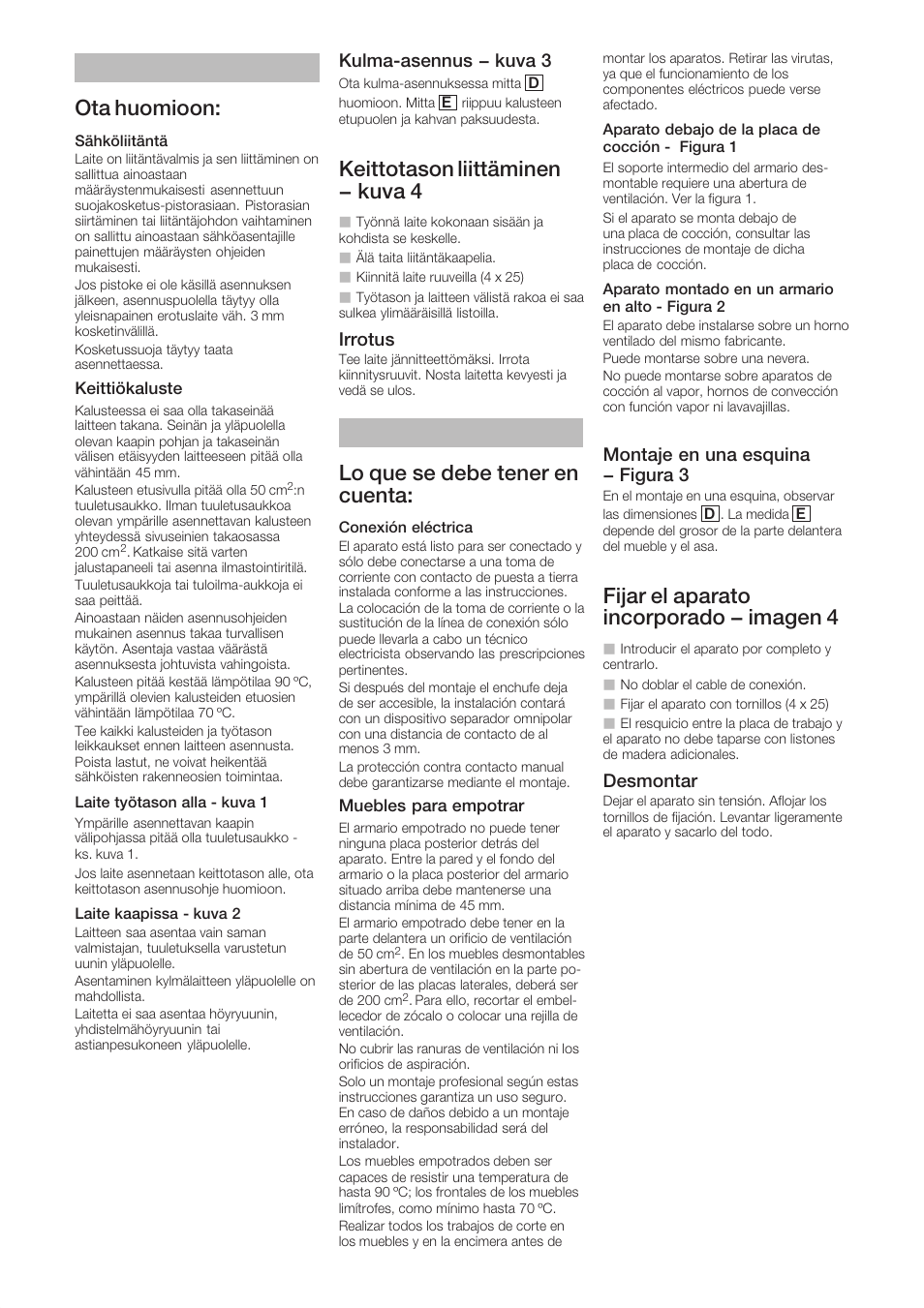 Ota huomioon, Keittotason liittäminen - kuva 4, Lo que se debe tener en cuenta | Fijar el aparato incorporado - imagen 4, Kulmaćasennus - kuva 3, Irrotus, Montaje en una esquina - figura 3, Desmontar | Bosch HBC84K553 Edelstahl Kompaktgerät mit integrierter Mikrowelle User Manual | Page 7 / 10