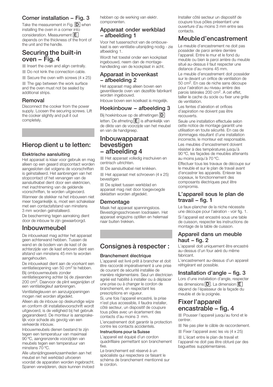 Securing the builtćin oven - fig. 4, Hierop dient u te letten, Inbouwmeubel | Inbouwapparaat bevestigen - afbeelding 4, Consignes à respecter, Meuble d'encastrement, Fixer l'appareil encastrable - fig. 4, Corner installation - fig. 3, Removal, Apparaat onder werkblad - afbeelding 1 | Bosch HBC86P753 Edelstahl Kompaktgerät mit integrierter Mikrowelle User Manual | Page 4 / 8