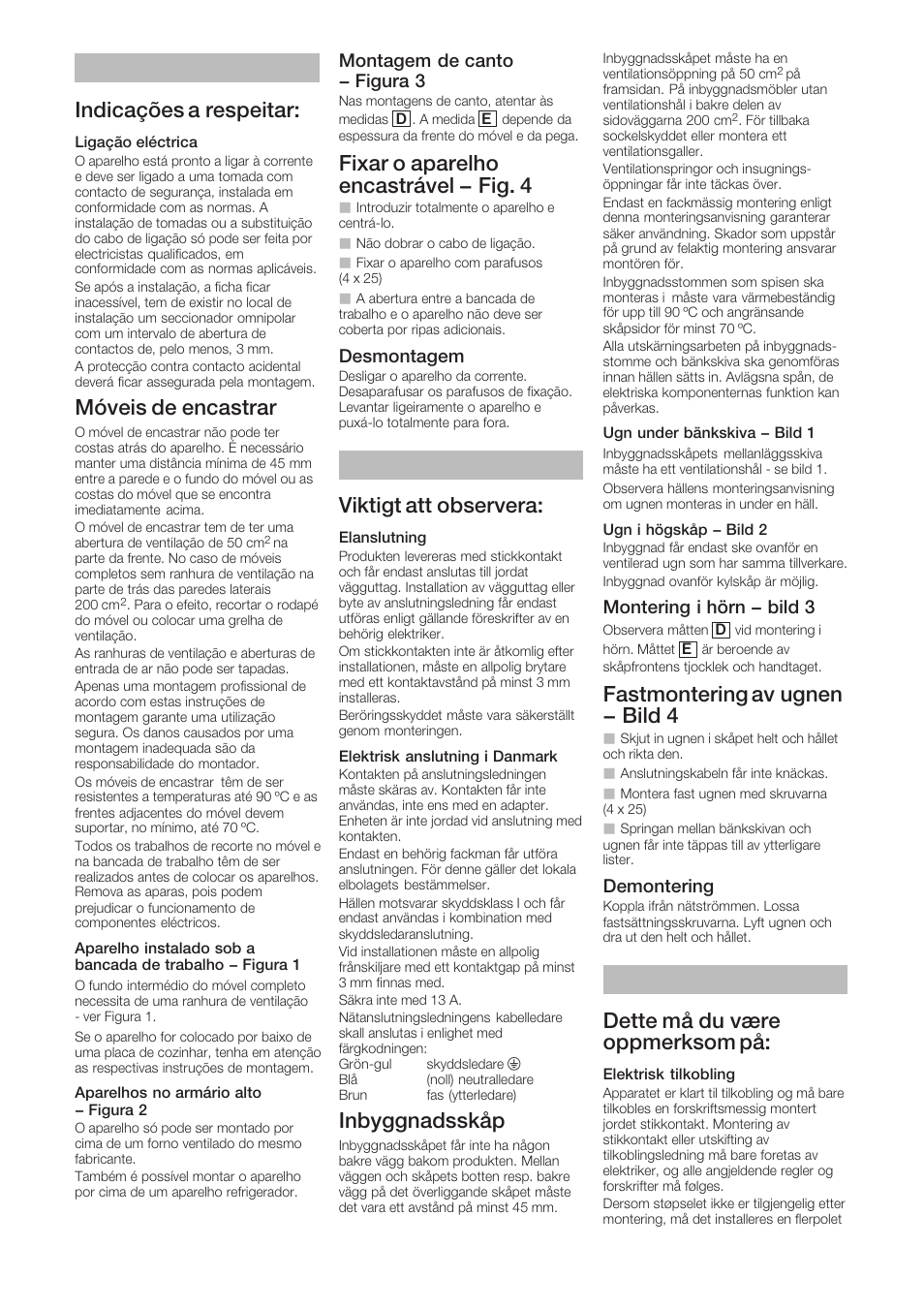 Indicações a respeitar, Móveis de encastrar, Fixar o aparelho encastrável - fig. 4 | Viktigt att observera, Inbyggnadsskåp, Fastmontering av ugnen - bild 4, Dette må du være oppmerksom på, Montagem de canto - figura 3, Desmontagem, Montering i hörn - bild 3 | Bosch HBC86P753 Edelstahl Kompaktgerät mit integrierter Mikrowelle User Manual | Page 6 / 8