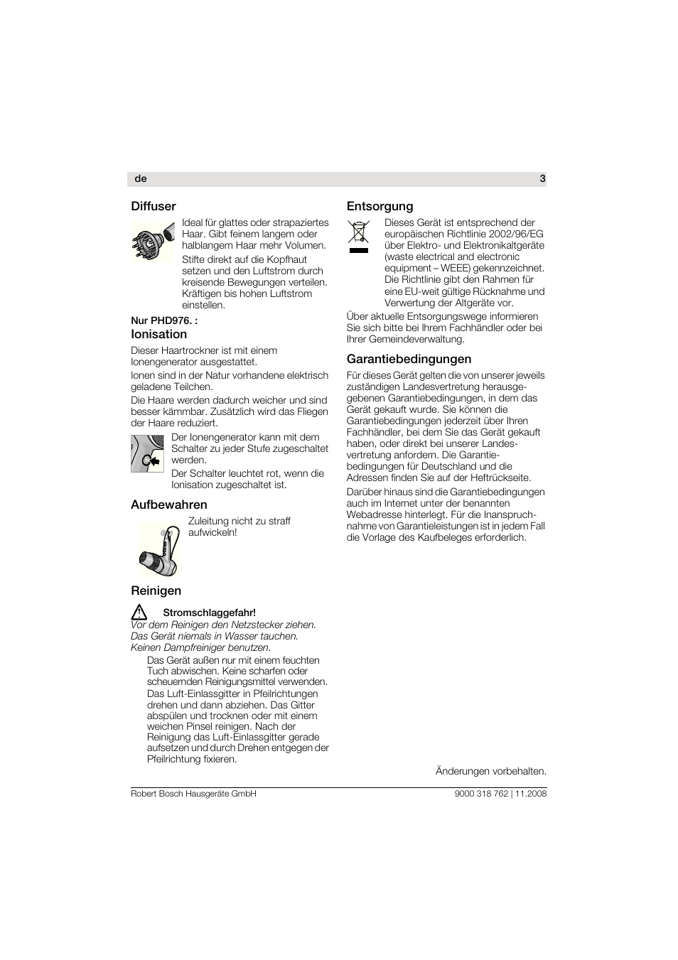 Bosch PHD9760 Profi-Haartrockner ProSalon User Manual | Page 3 / 46