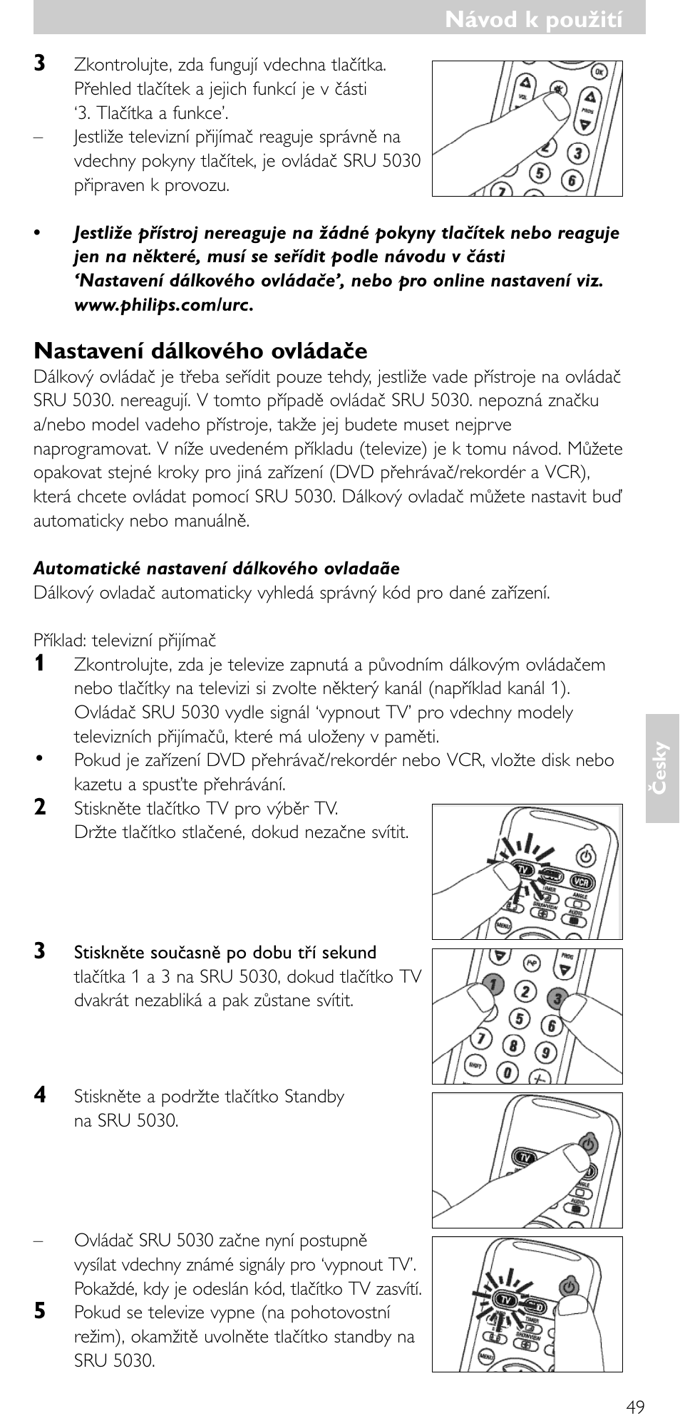 Návod k použití, Návod k použití 3, Nastavení dálkového ovládače | Philips SRU5030 User Manual | Page 48 / 83