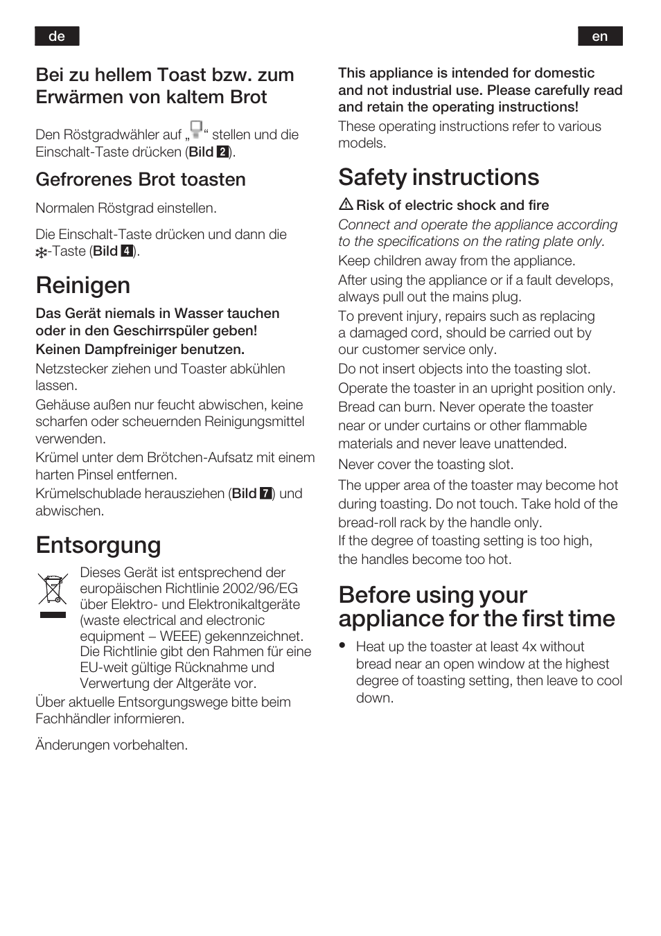 Reinigen, Entsorgung, Safety instructions | Before using your appliance for the first time, Gefrorenes brot toasten | Bosch TAT6801 Toaster Langschlitz private collection Primärfarbe Edelstahl Sekundärfarbe schwarz User Manual | Page 4 / 46