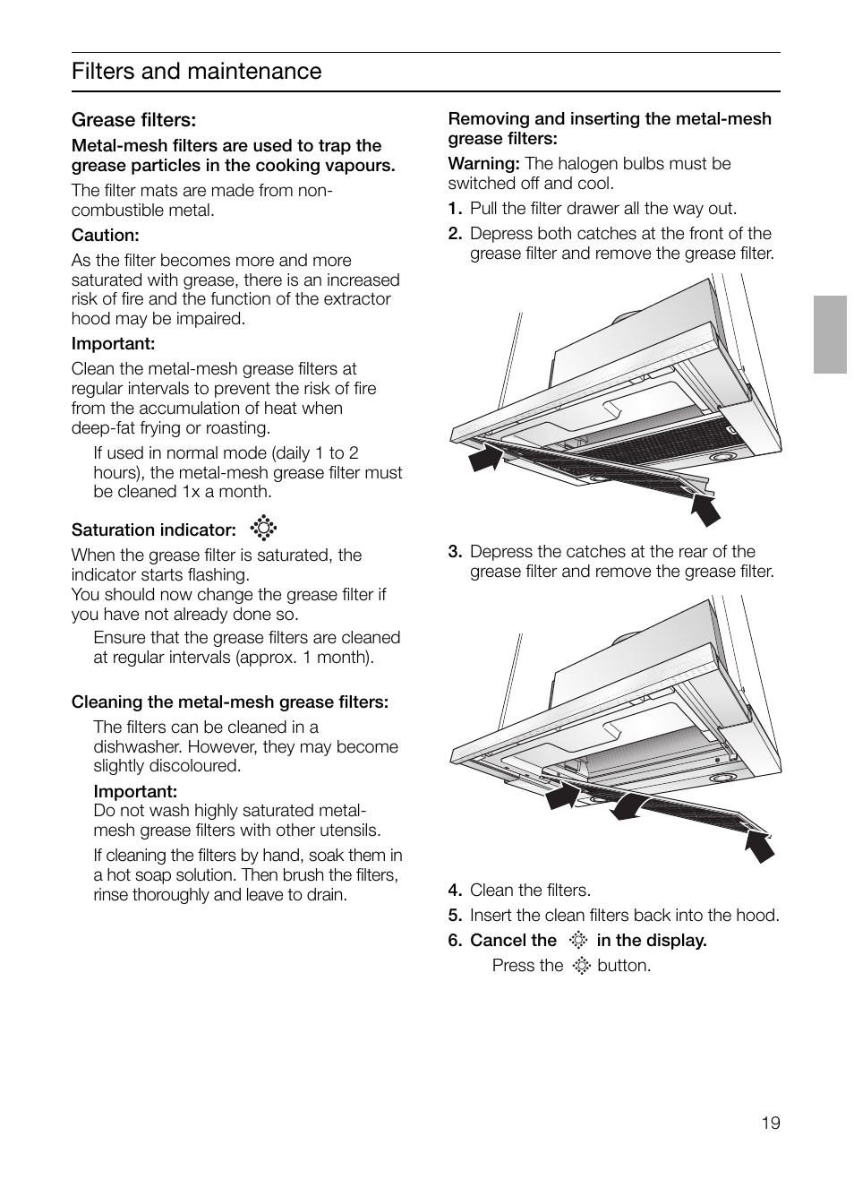 Filters and maintenance | Bosch DHI655FX grau-metallic Flachschirmhaube 60 cm User Manual | Page 19 / 100