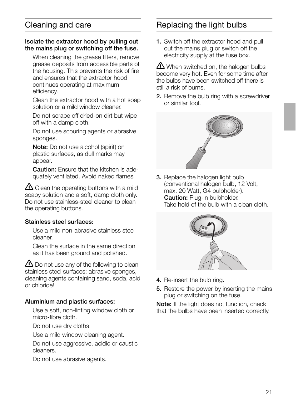 Cleaning and care, Replacing the light bulbs | Bosch DHI655FX grau-metallic Flachschirmhaube 60 cm User Manual | Page 21 / 100