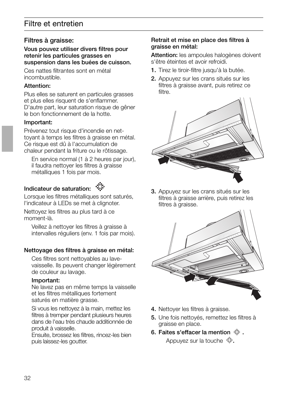 Filtre et entretien | Bosch DHI655FX grau-metallic Flachschirmhaube 60 cm User Manual | Page 32 / 100