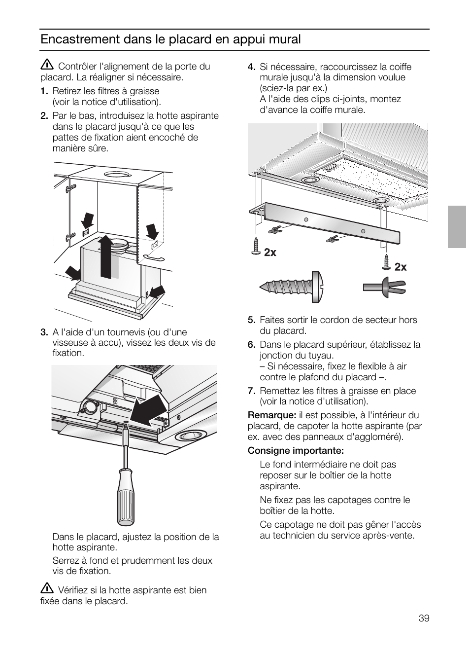 Encastrement dans le placard en appui mural | Bosch DHI655FX grau-metallic Flachschirmhaube 60 cm User Manual | Page 39 / 100