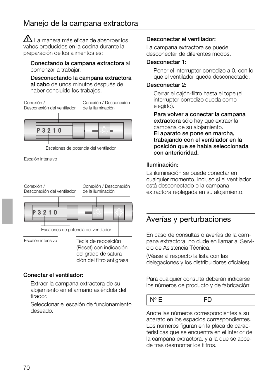 Manejo de la campana extractora, Averías y perturbaciones | Bosch DHI655FX grau-metallic Flachschirmhaube 60 cm User Manual | Page 70 / 100