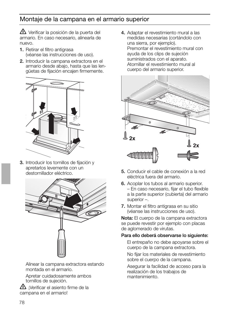 Montaje de la campana en el armario superior | Bosch DHI655FX grau-metallic Flachschirmhaube 60 cm User Manual | Page 78 / 100