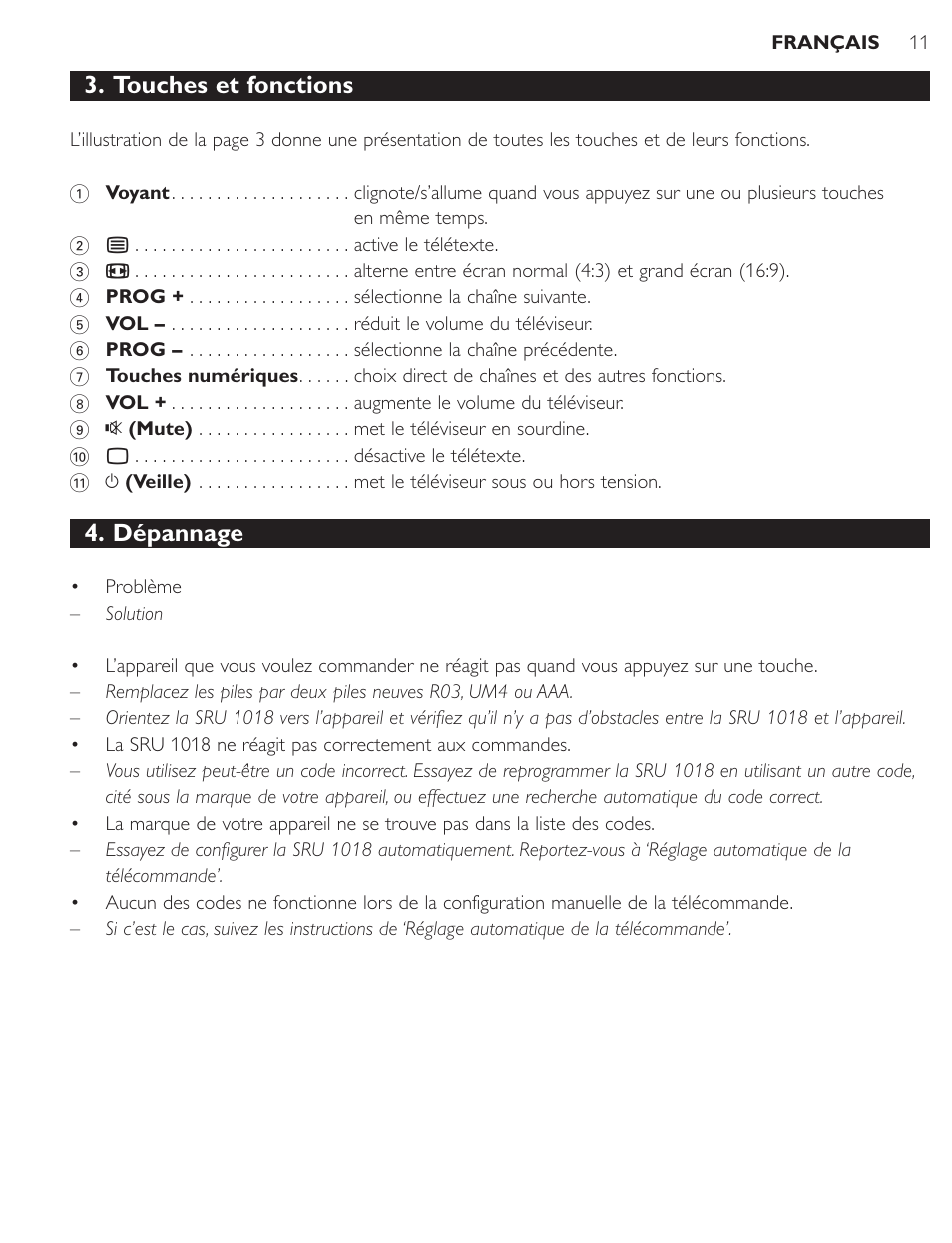 Touches et fonctions, Dépannage | Philips SRU1018 User Manual | Page 11 / 72