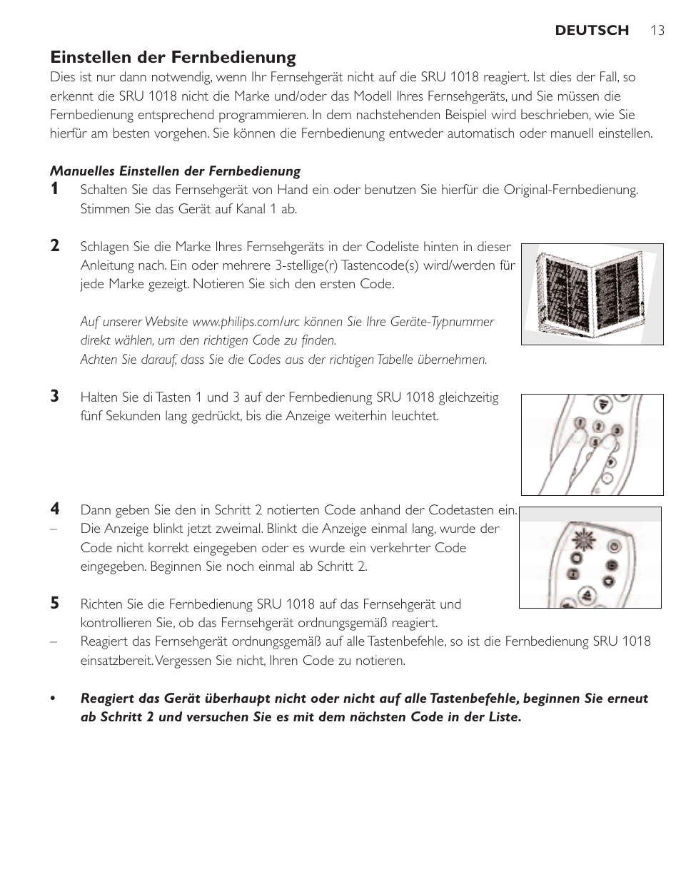 Einstellen der fernbedienung | Philips SRU1018 User Manual | Page 13 / 72