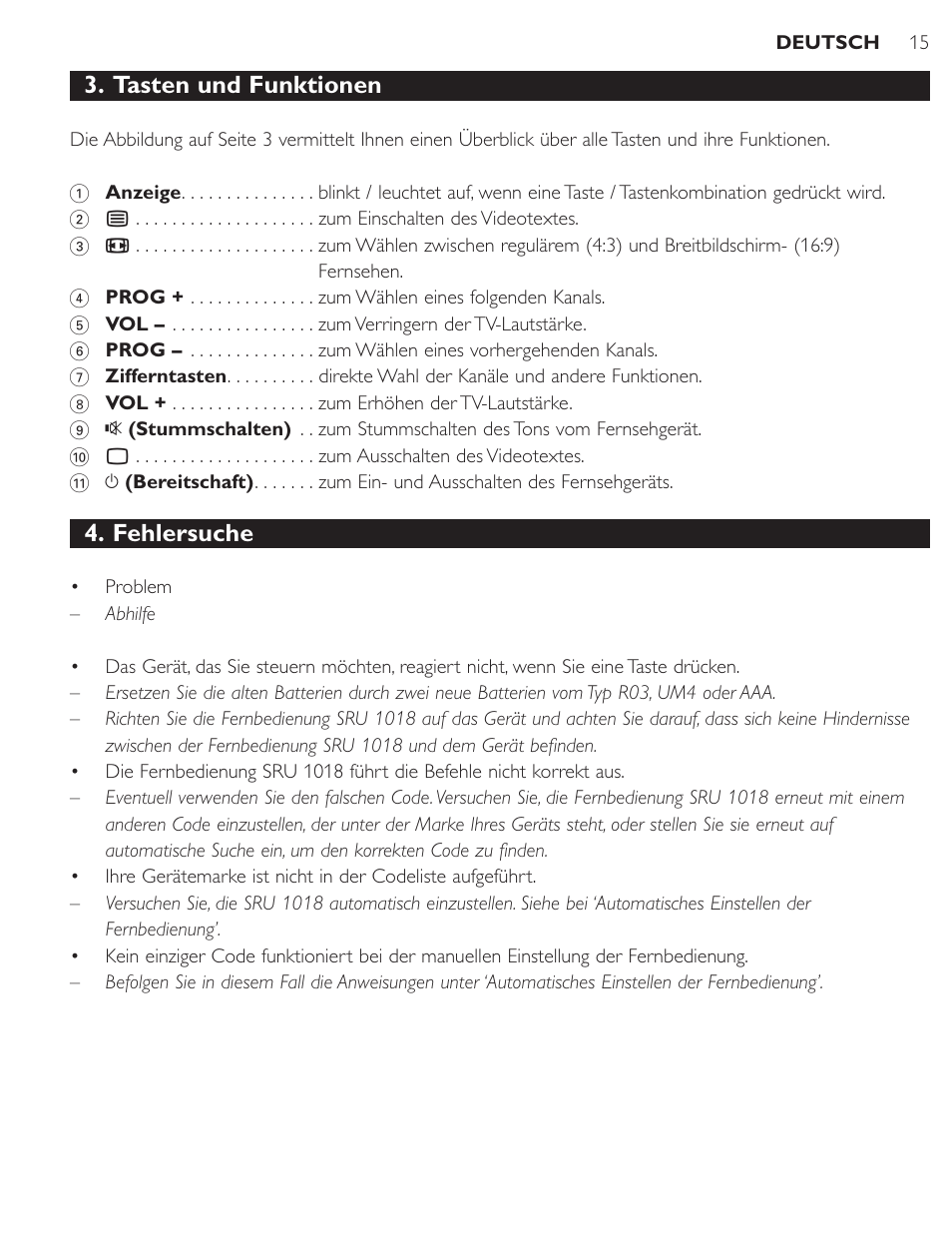 Tasten und funktionen, Fehlersuche | Philips SRU1018 User Manual | Page 15 / 72