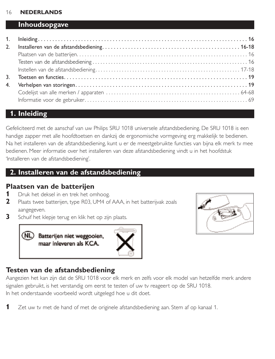 Inhoudsopgave, Inleiding, Testen van de afstandsbediening | Philips SRU1018 User Manual | Page 16 / 72