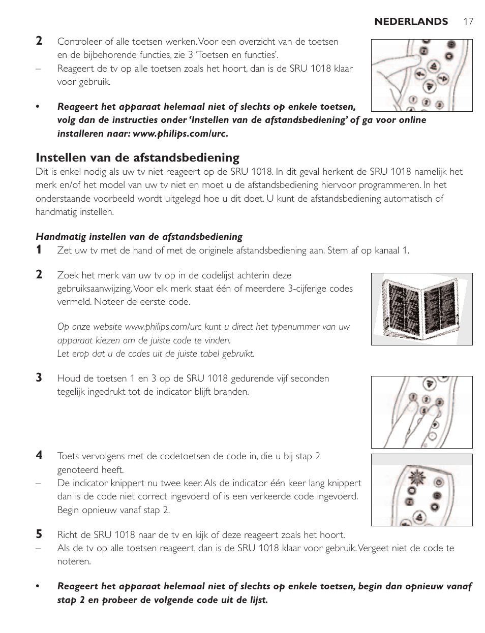 Instellen van de afstandsbediening | Philips SRU1018 User Manual | Page 17 / 72