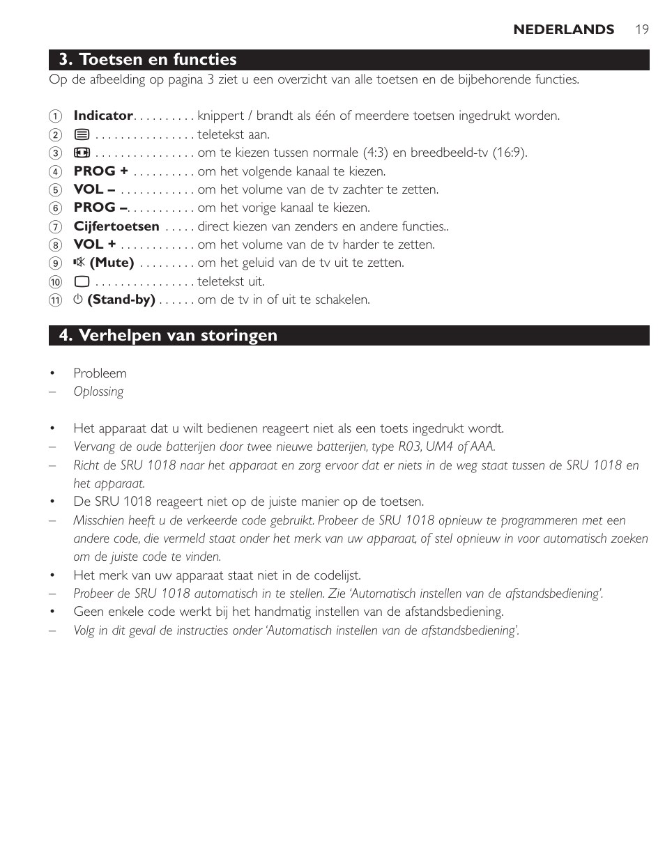 Toetsen en functies, Verhelpen van storingen | Philips SRU1018 User Manual | Page 19 / 72