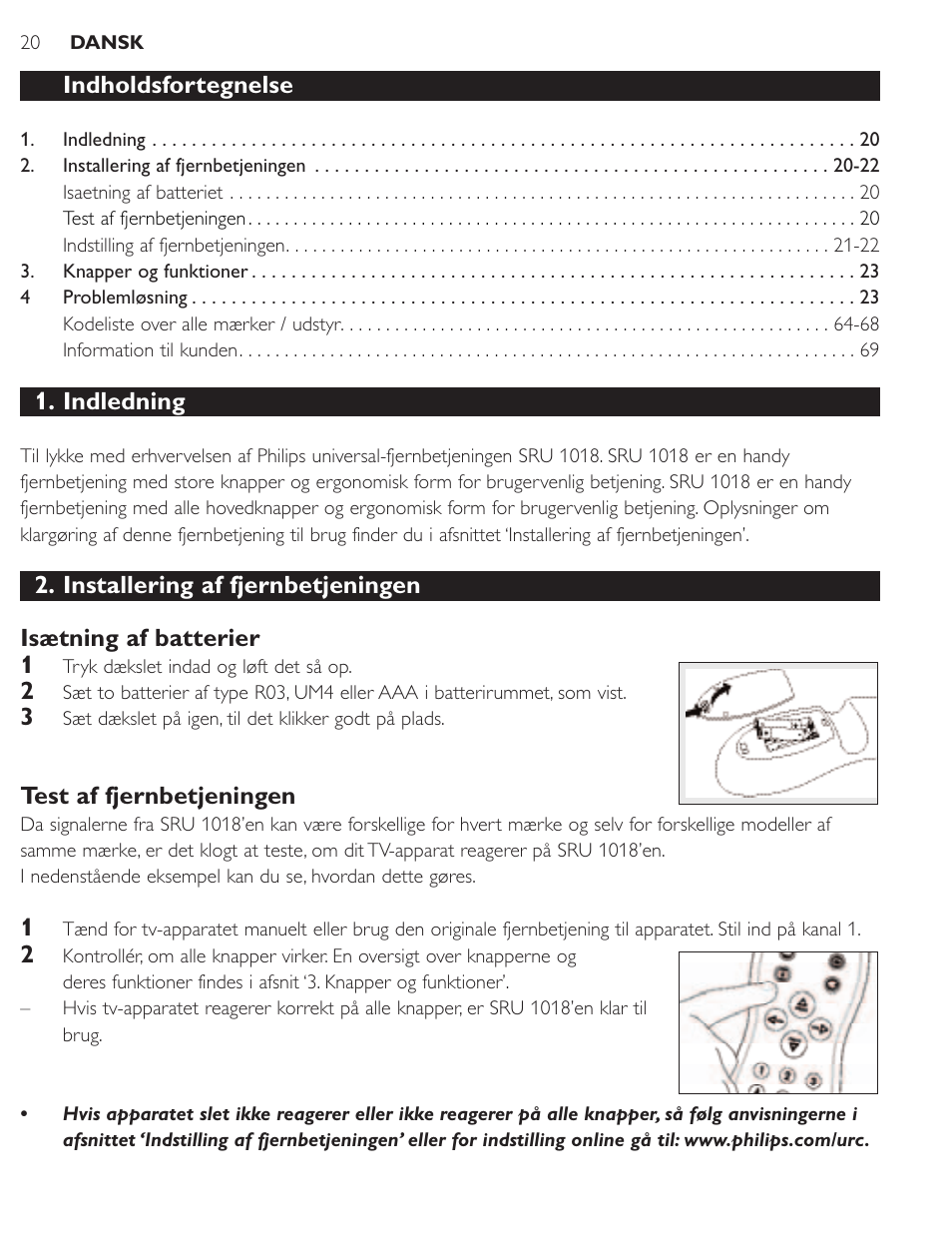 Indholdsfortegnelse, Indledning, Test af fjernbetjeningen | Philips SRU1018 User Manual | Page 20 / 72