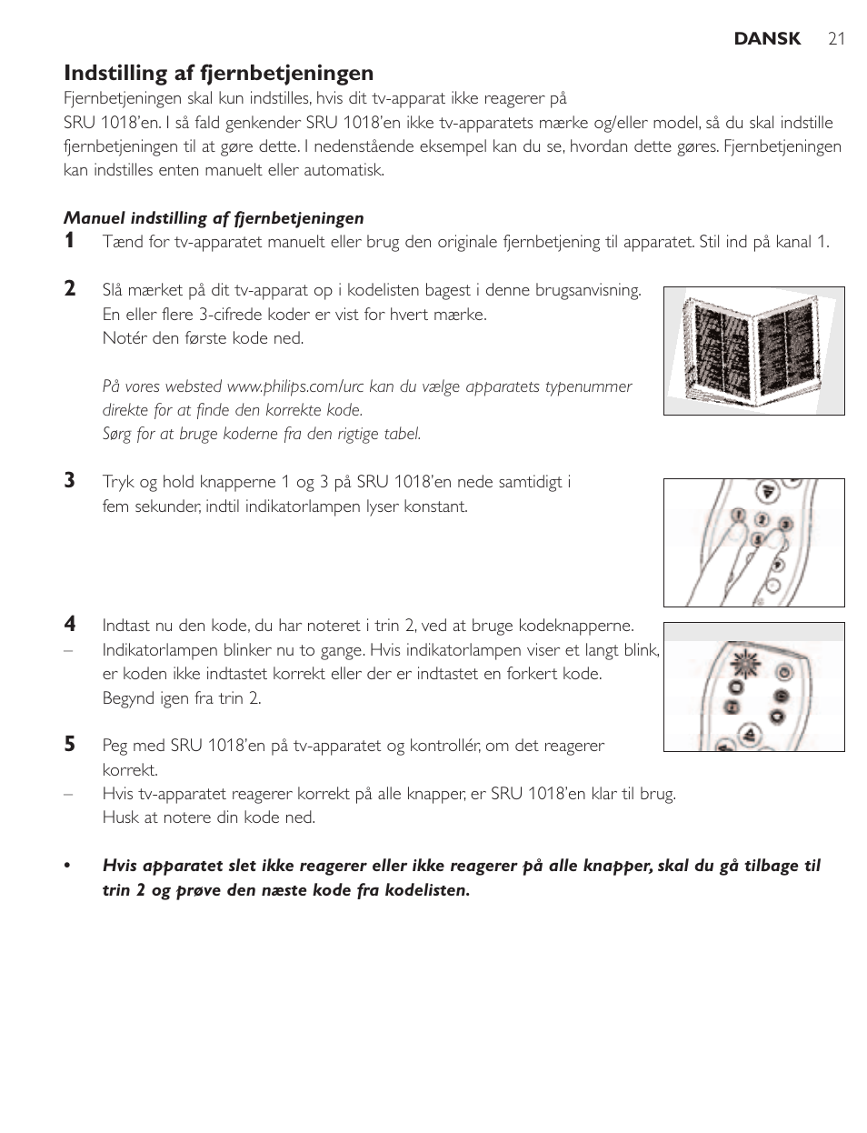 Indstilling af fjernbetjeningen | Philips SRU1018 User Manual | Page 21 / 72