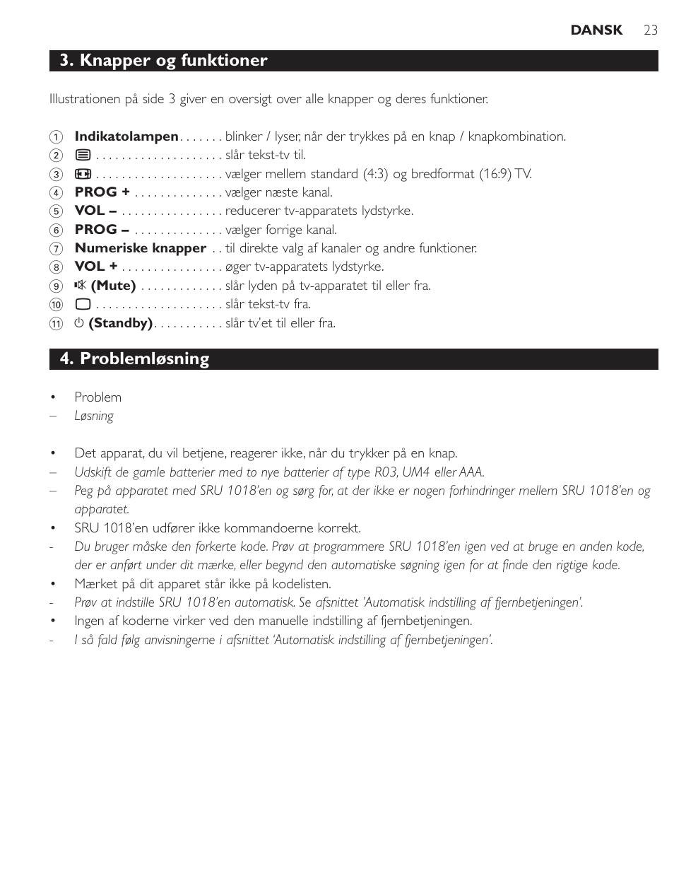 Knapper og funktioner, Problemløsning | Philips SRU1018 User Manual | Page 23 / 72