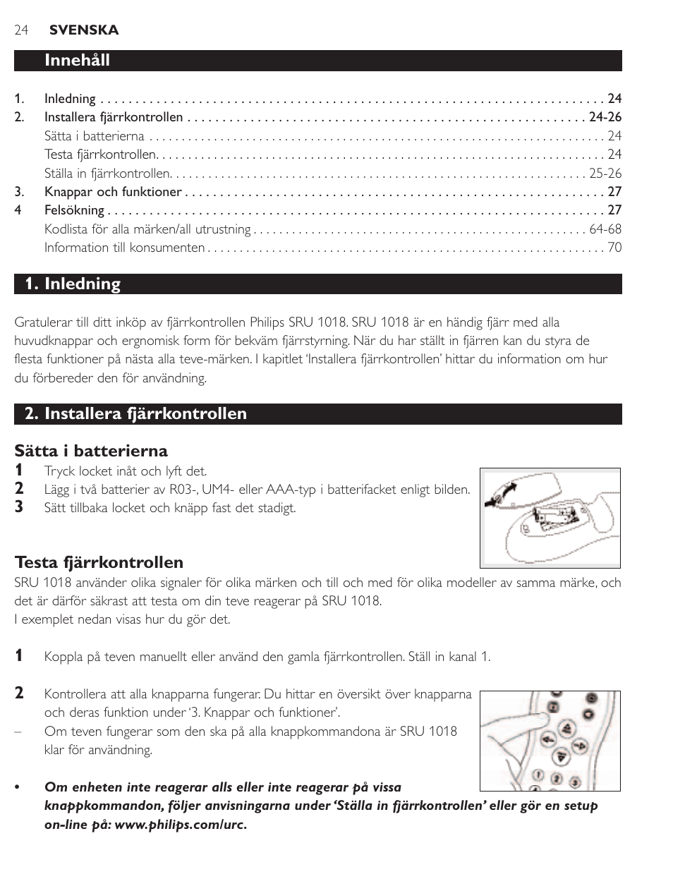 Innehåll, Inledning, Installera fjärrkontrollen sätta i batterierna 1 | Testa fjärrkontrollen | Philips SRU1018 User Manual | Page 24 / 72