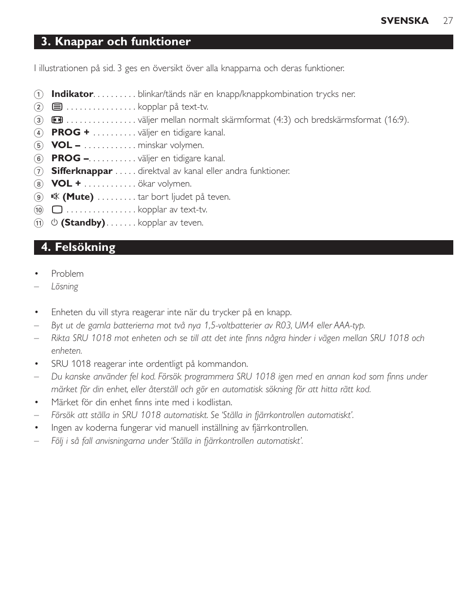 Knappar och funktioner, Felsökning | Philips SRU1018 User Manual | Page 27 / 72